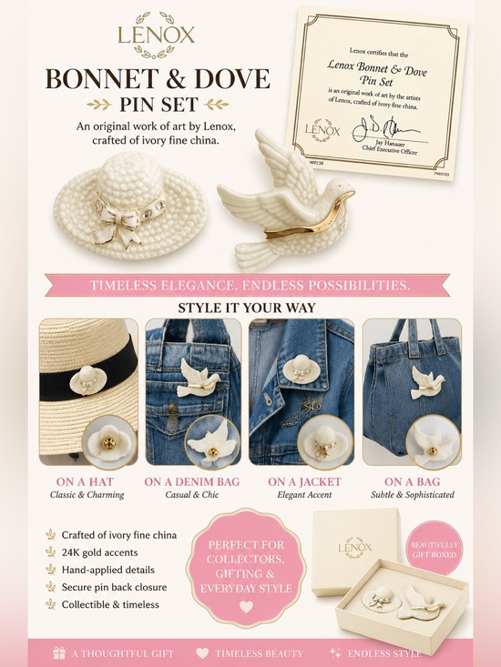 Lenox Other - Lenox Ivory Bonnet & Dove Pin Set with Gold Accents